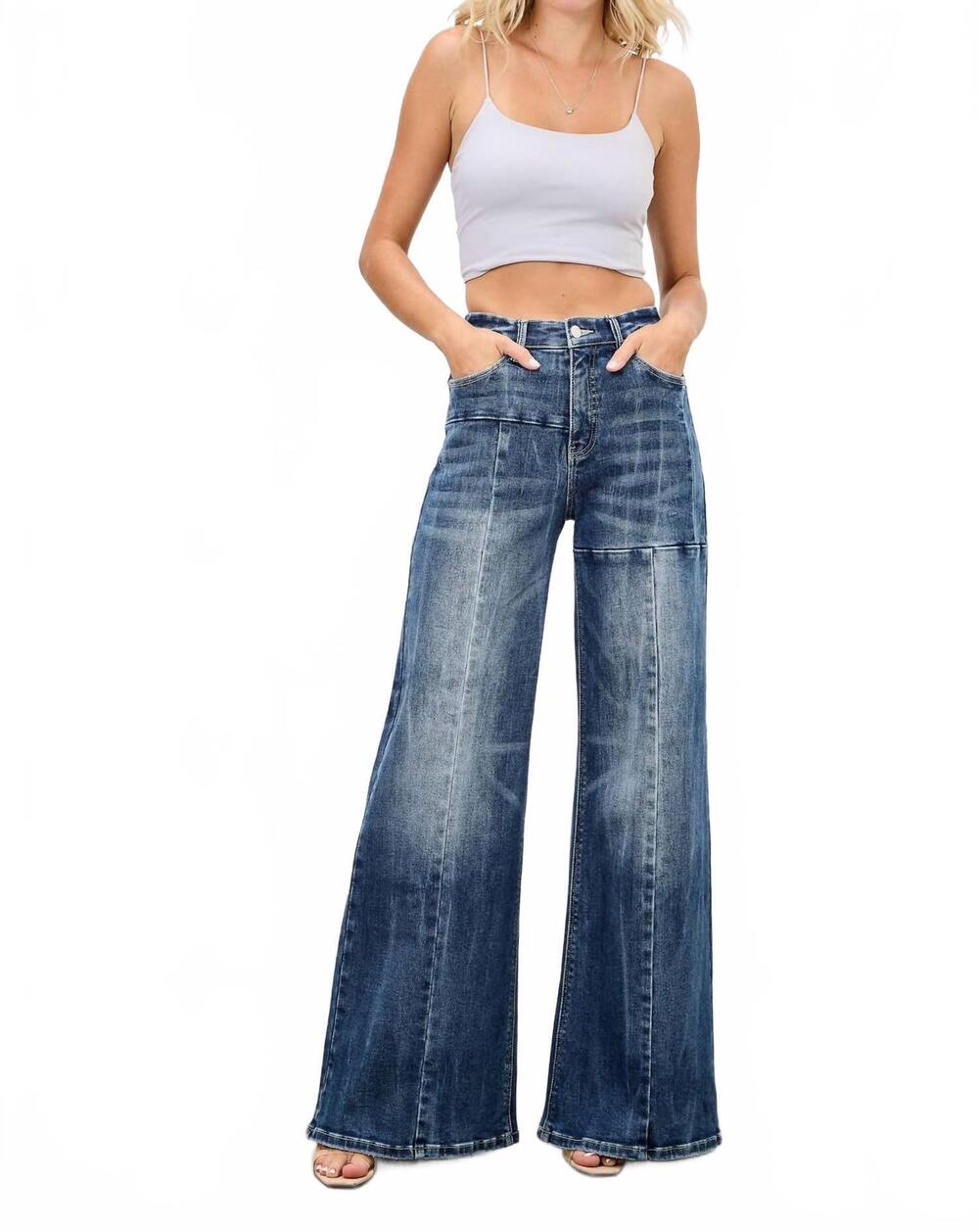 NEW SAIGE DENIM mid rise wide leg jeans in medium wash